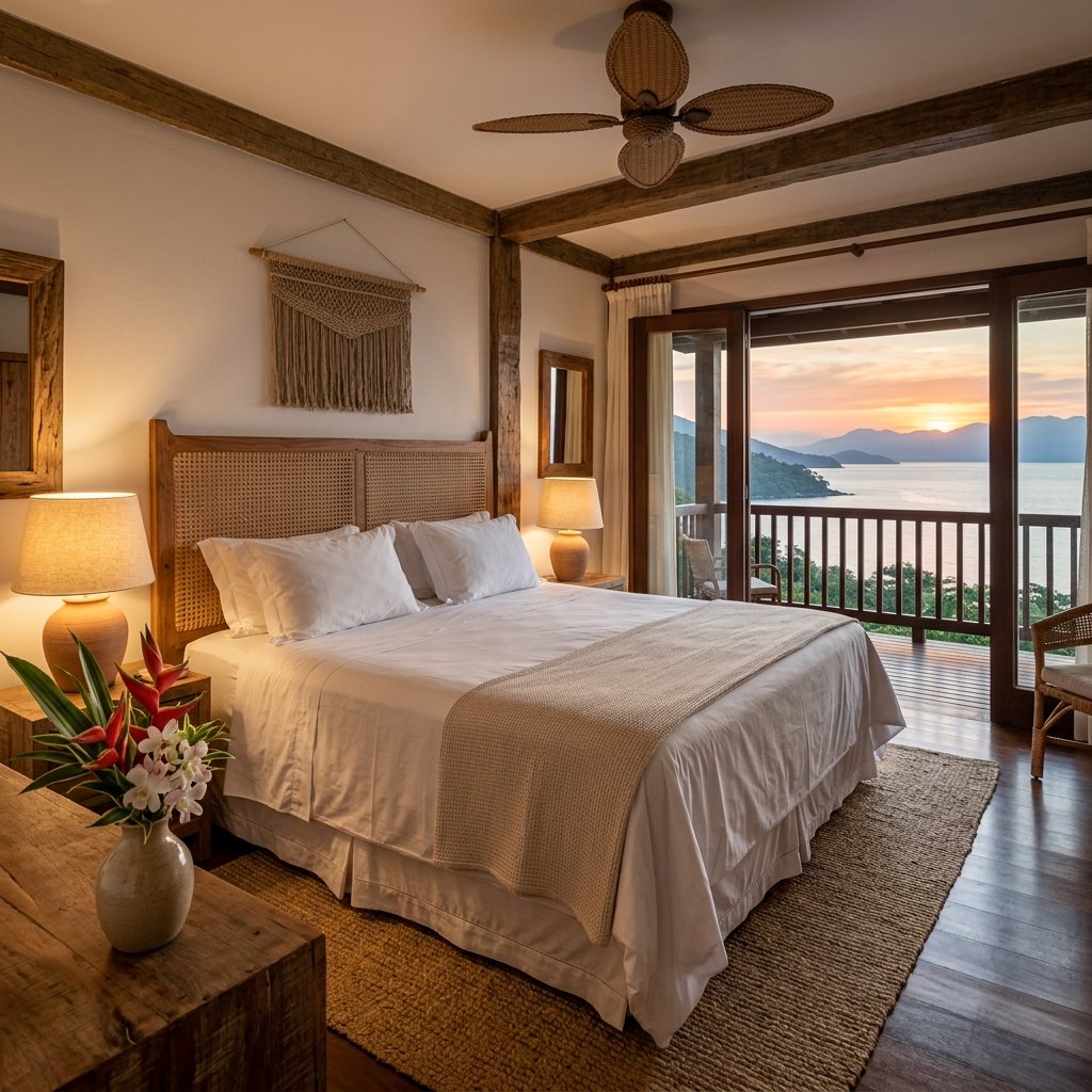 Quarto aconchegante com vista para a natureza em Ilhabela